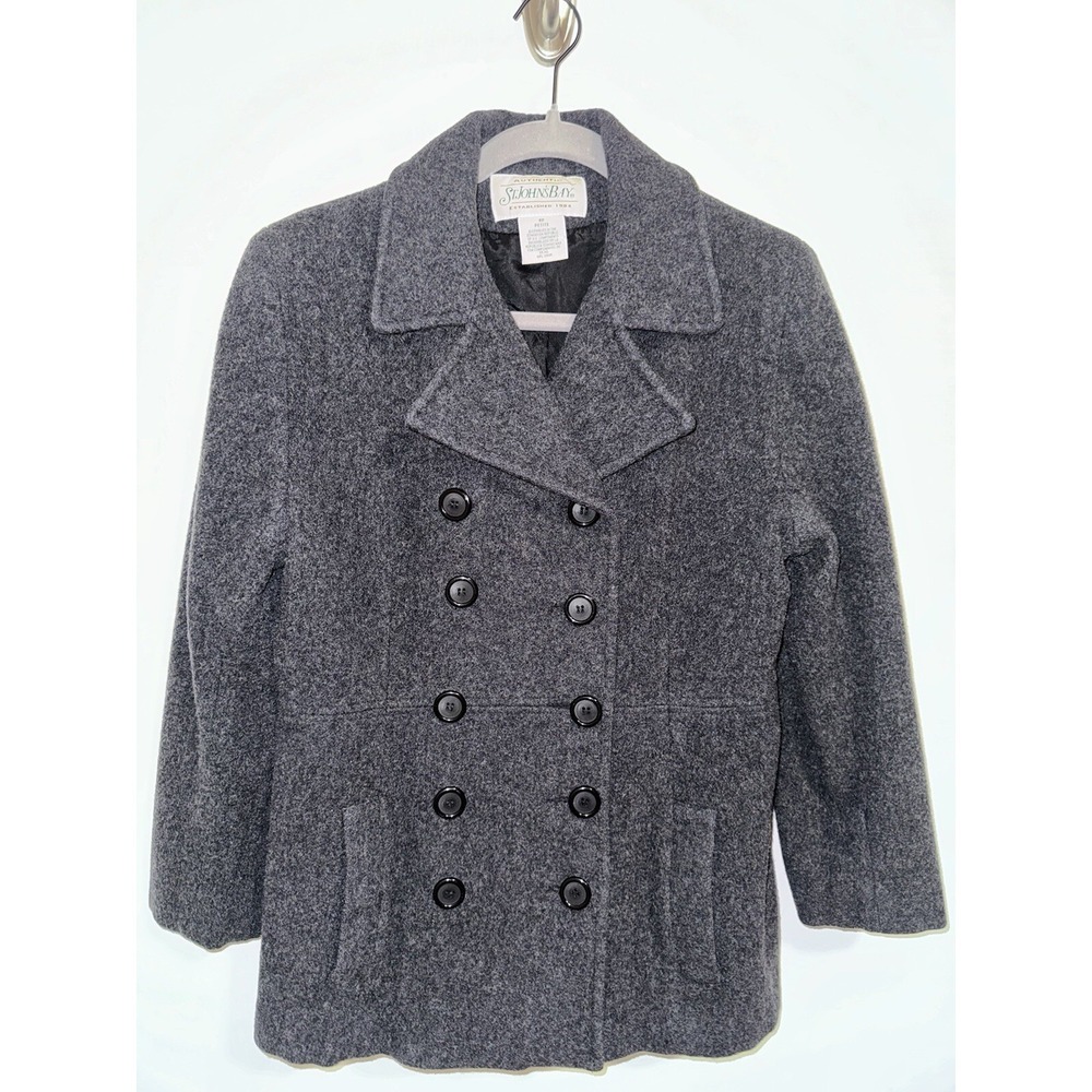 Authentic St John's Bay Womens Peacoat 100% Wool Double Breasted Dark Gray Sz 6P